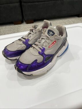 adidas Beige Sneakers with Purple Overlays and Blue Heel Accent